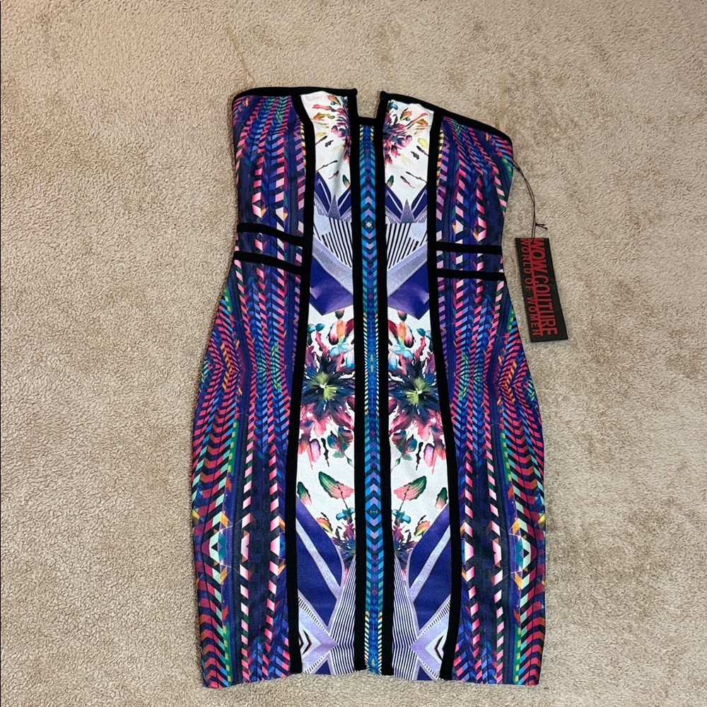 WOW Couture Strapless Dress with Multicolor Pattern